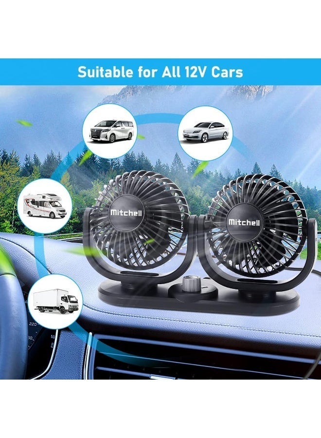 ميتشل مروحة تبريد سيارة ميتشل HX-T303C برأسين مقاس 4 بوصات تعمل بجهد 12 فولت - مروحتان مزدوجتان قابلتان للدوران 360 درجة، تدفق هواء قابل للتعديل بسرعتين، حامل قوي منخفض الضوضاء للوحة القيادة مع لاصق مزدوج الجوانب، قابس ولاعة سجائر للسيارات والشاحنات والمركبات الترفيهية - Image 2